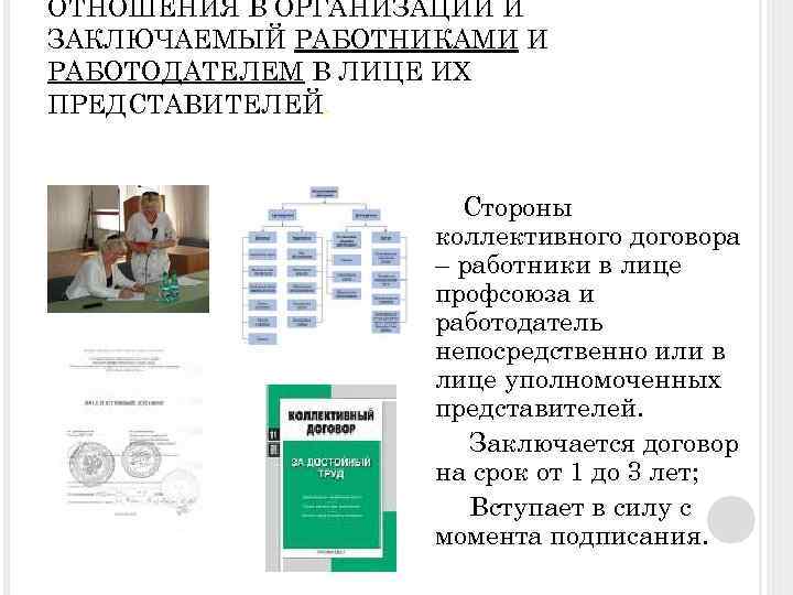 ОТНОШЕНИЯ В ОРГАНИЗАЦИИ И ЗАКЛЮЧАЕМЫЙ РАБОТНИКАМИ И РАБОТОДАТЕЛЕМ В ЛИЦЕ ИХ ПРЕДСТАВИТЕЛЕЙ. Стороны коллективного