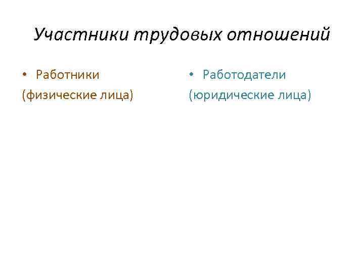 Участники трудовых отношений • Работники (физические лица) • Работодатели (юридические лица) 