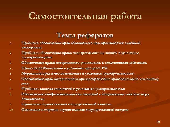 Самостоятельная работа Темы рефератов 1. 2. 3. 4. 5. 6. 7. 8. 9. 10.