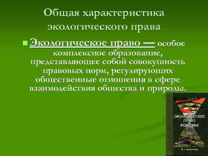 Общая характеристика экологического права n Экологическое право — особое комплексное образование, представляющее собой совокупность