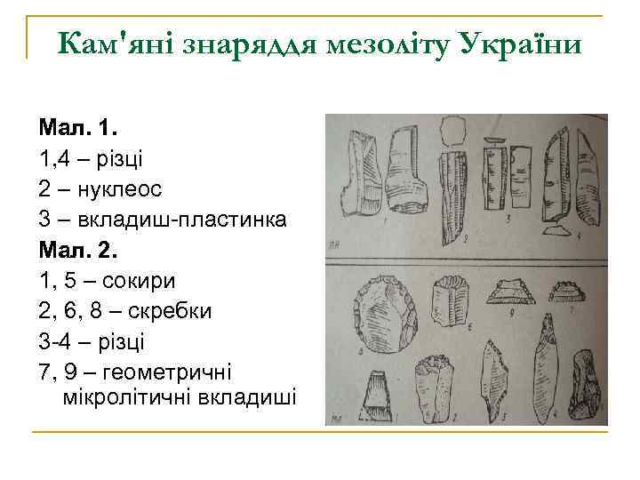 Кам'яні знаряддя мезоліту України Мал. 1. 1, 4 – різці 2 – нуклеос 3