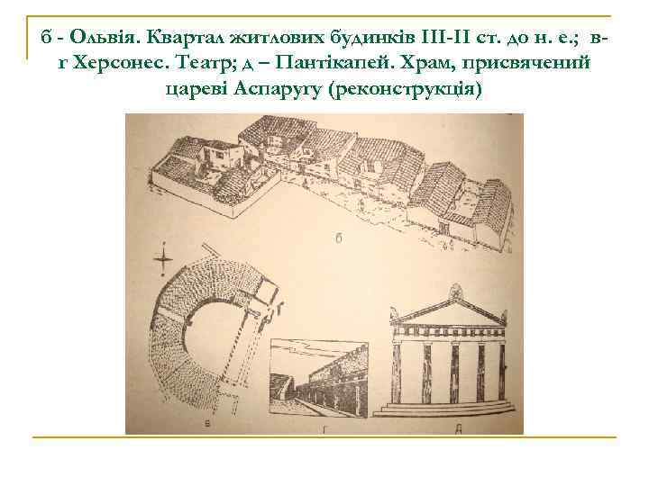 б - Ольвія. Квартал житлових будинків ІІІ-ІІ ст. до н. е. ; вг Херсонес.