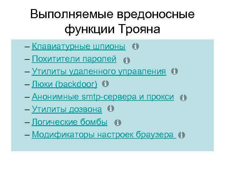 Выполняемые вредоносные функции Трояна – Клавиатурные шпионы – Похитители паролей – Утилиты удаленного управления