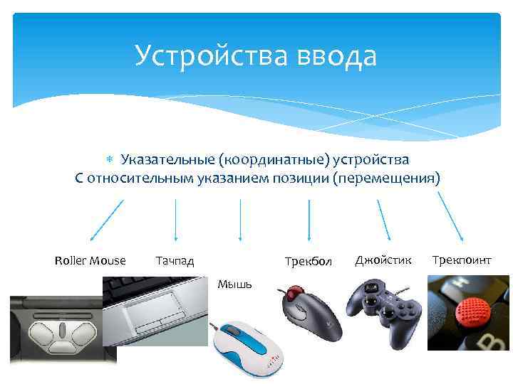 Устройства ввода Указательные (координатные) устройства С относительным указанием позиции (перемещения) Roller Mouse Тачпад Трекбол