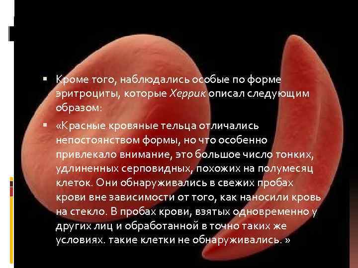  Кроме того, наблюдались особые по форме эритроциты, которые Херрик описал следующим образом: «Красные