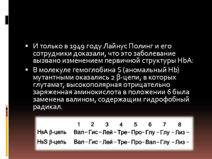  И только в 1949 году Лайнус Полинг и его сотрудники доказали, что это
