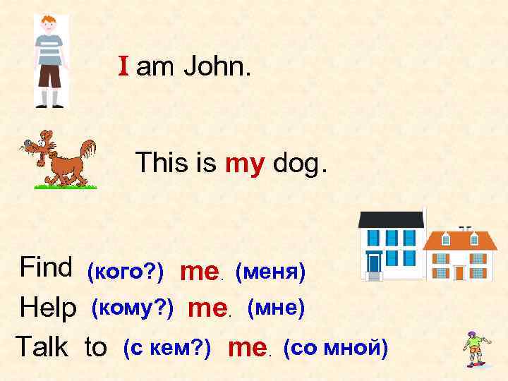 I am John. This is my dog. Find (кого? ) me. (меня) Help (кому?