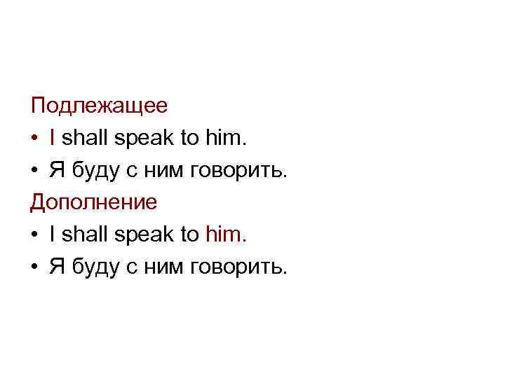 Подлежащее • I shall speak to him. • Я буду с ним говорить. Дополнение