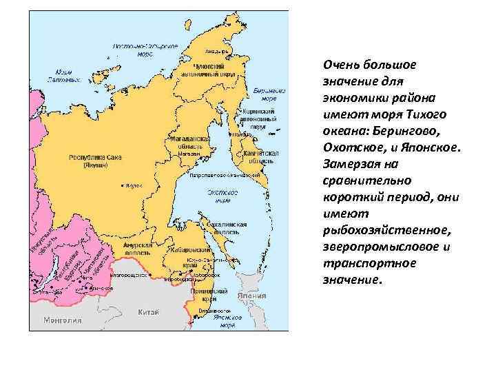 Очень большое значение для экономики района имеют моря Тихого океана: Берингово, Охотское, и Японское.