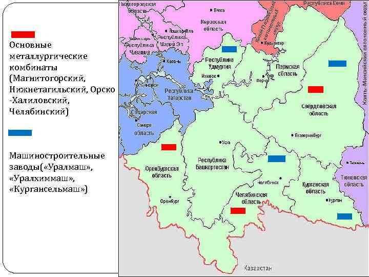 Основные металлургические комбинаты (Магнитогорский, Нижнетагильский, Орско -Халиловский, Челябинский) Машиностроительные заводы( «Уралмаш» , «Уралхиммаш» ,