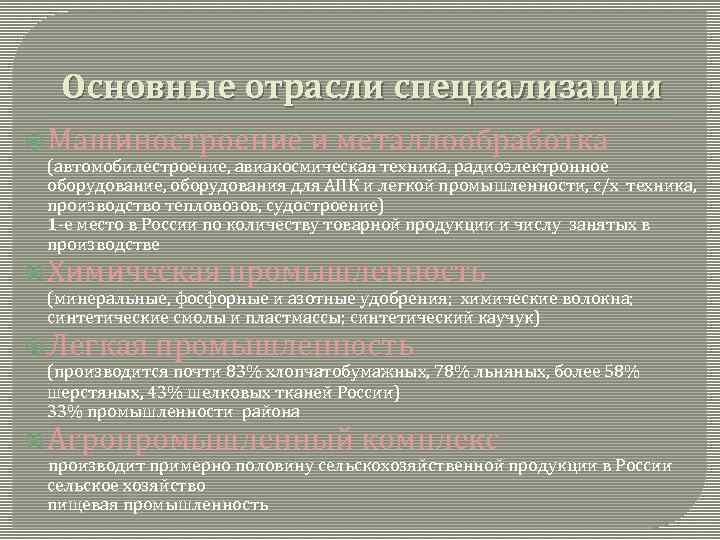 Основные отрасли специализации Машиностроение и металлообработка (автомобилестроение, авиакосмическая техника, радиоэлектронное оборудование, оборудования для АПК