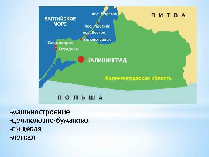 -машиностроение -целлюлозно-бумажная -пищевая -легкая 