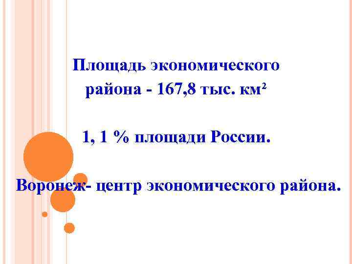Площадь экономического района - 167, 8 тыс. км² 1, 1 % площади России. Воронеж-