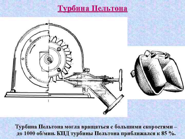 Турбина Пельтона могла вращаться с большими скоростями – до 1000 об/мин. КПД турбины Пельтона