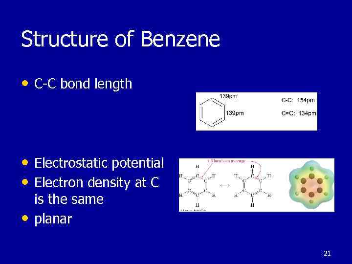 Structure of Benzene • C-C bond length • Electrostatic potential • Electron density at