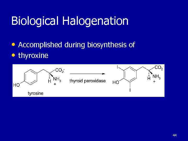 Biological Halogenation • Accomplished during biosynthesis of • thyroxine 44 