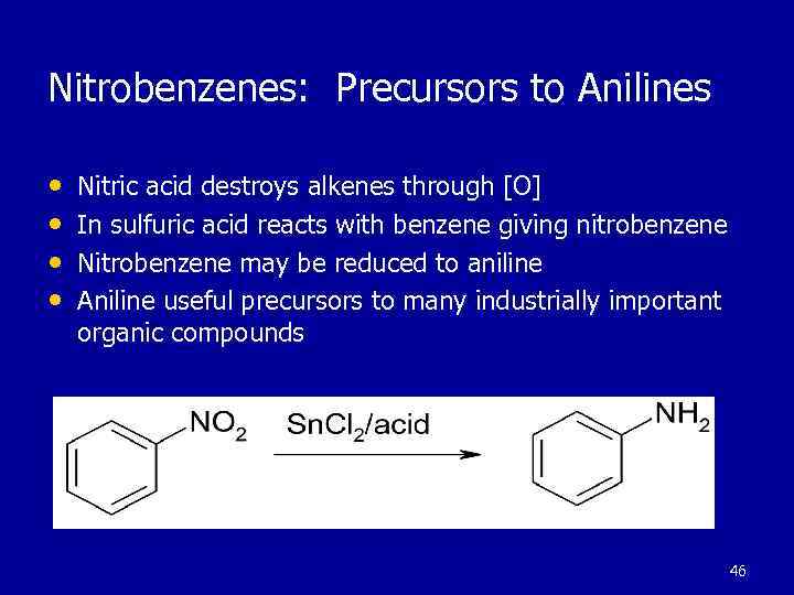Nitrobenzenes: Precursors to Anilines • • Nitric acid destroys alkenes through [O] In sulfuric