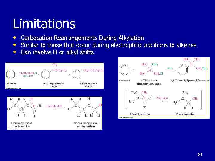 Limitations • Carbocation Rearrangements During Alkylation • Similar to those that occur during electrophilic
