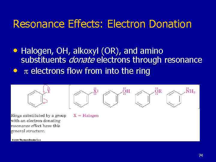 Resonance Effects: Electron Donation • Halogen, OH, alkoxyl (OR), and amino • substituents donate