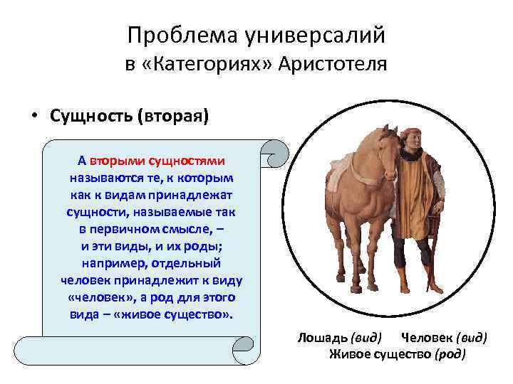 Проблема универсалий в «Категориях» Аристотеля • Сущность (вторая) А вторыми сущностями называются те, к