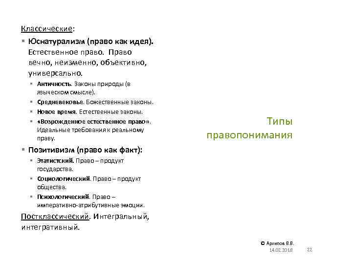 Классические: § Юснатурализм (право как идея). Естественное право. Право вечно, неизменно, объективно, универсально. §