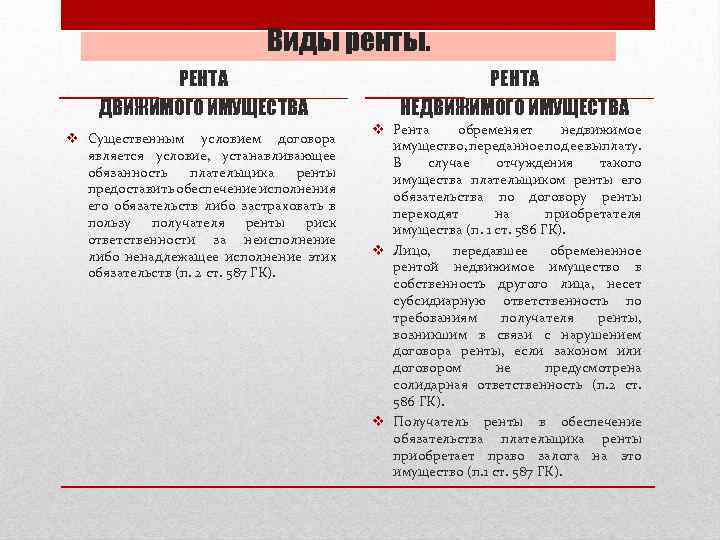 Виды ренты. РЕНТА ДВИЖИМОГО ИМУЩЕСТВА v Существенным условием договора является условие, устанавливающее обязанность плательщика