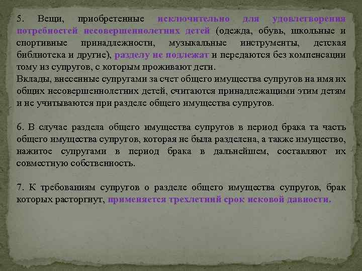 5. Вещи, приобретенные исключительно для удовлетворения потребностей несовершеннолетних детей (одежда, обувь, школьные и спортивные