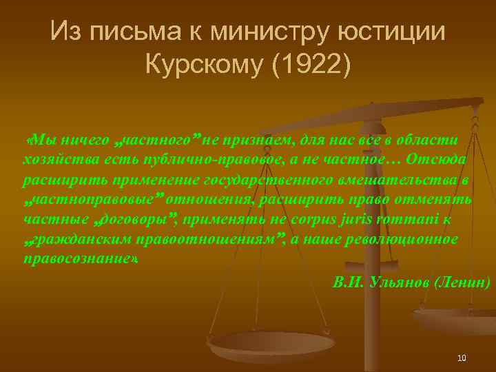 Из письма к министру юстиции Курскому (1922) «Мы ничего „частного” не признаем, для нас