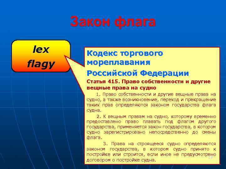 Закон флага lex flagy Кодекс торгового мореплавания Российской Федерации Статья 415. Право собственности и