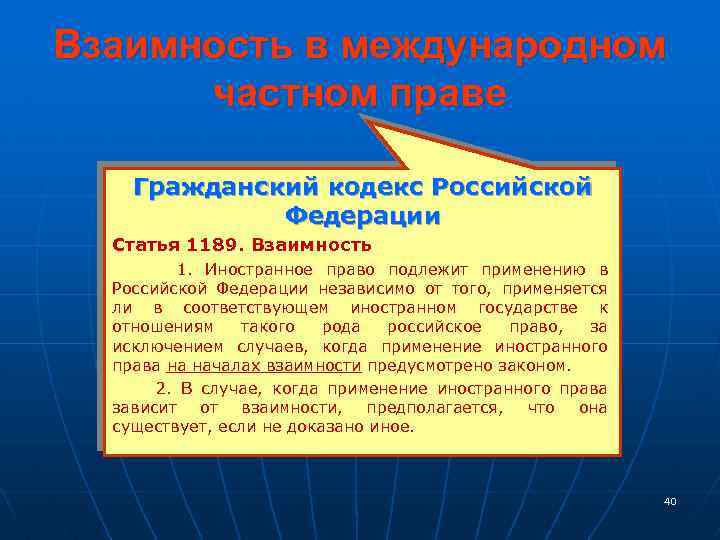 Взаимность в международном частном праве Гражданский кодекс Российской Федерации Статья 1189. Взаимность 1. Иностранное