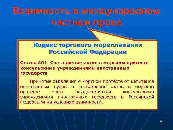 Взаимность в международном частном праве Кодекс торгового мореплавания Российской Федерации Статья 401. Составление актов