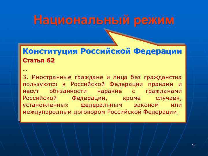 Национальный режим Конституция Российской Федерации Статья 62 … 3. Иностранные граждане и лица без