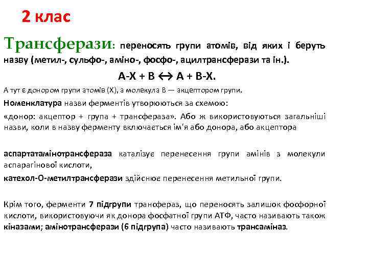 2 клас Трансферази: переносять групи атомів, від яких і беруть назву (метил-, сульфо-, аміно-,