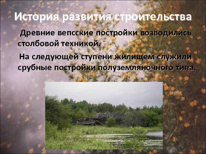 История развития строительства Древние вепсские постройки возводились столбовой техникой. На следующей ступени жилищем служили