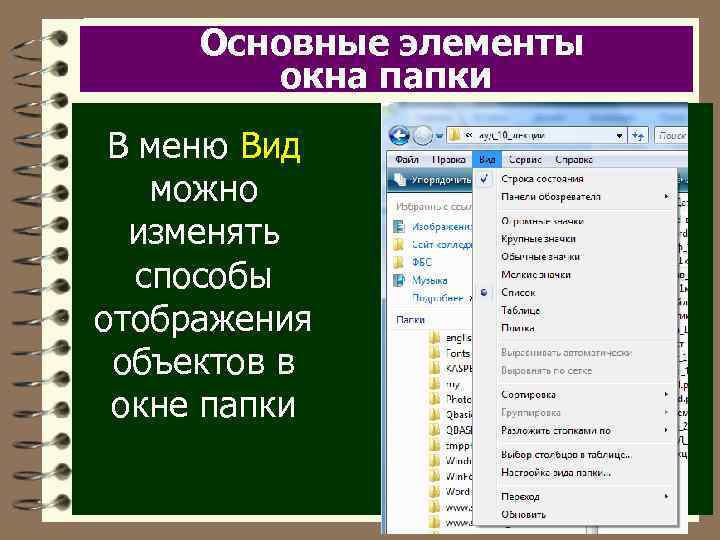 Основные элементы окна папки В меню Вид можно изменять способы отображения объектов в окне