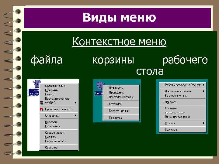 Виды меню Контекстное меню файла корзины рабочего стола 