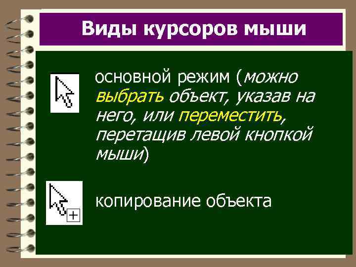 Виды курсоров мыши основной режим (можно выбрать объект, указав на него, или переместить, перетащив