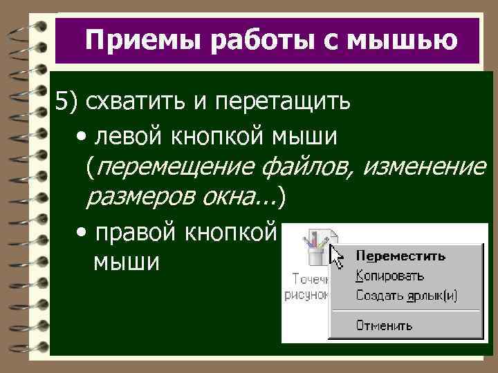 Приемы работы с мышью 5) схватить и перетащить • левой кнопкой мыши (перемещение файлов,