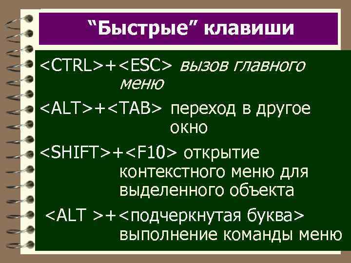 “Быстрые” клавиши <CTRL>+<ESC> вызов главного меню <ALT>+<TAB> переход в другое окно <SHIFT>+<F 10> открытие