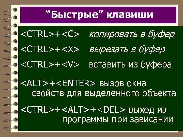 “Быстрые” клавиши <CTRL>+<C> копировать в буфер <CTRL>+<X> вырезать в буфер <CTRL>+<V> вставить из буфера