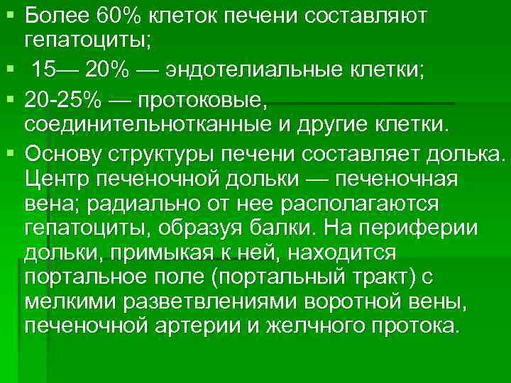 § Более 60% клеток печени составляют гепатоциты; § 15— 20% — эндотелиальные клетки; §