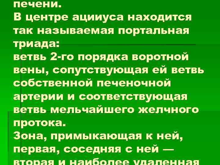 печени. В центре ацииуса находится так называемая портальная триада: ветвь 2 -го порядка воротной