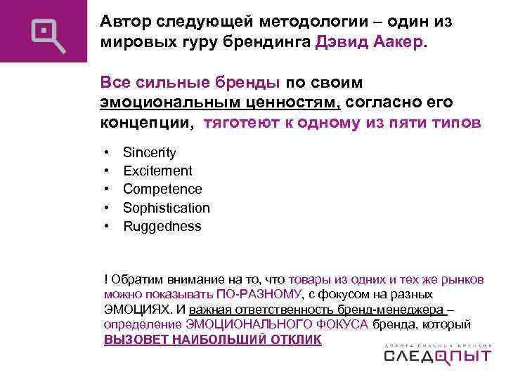 Автор следующей методологии – один из мировых гуру брендинга Дэвид Аакер. Все сильные бренды