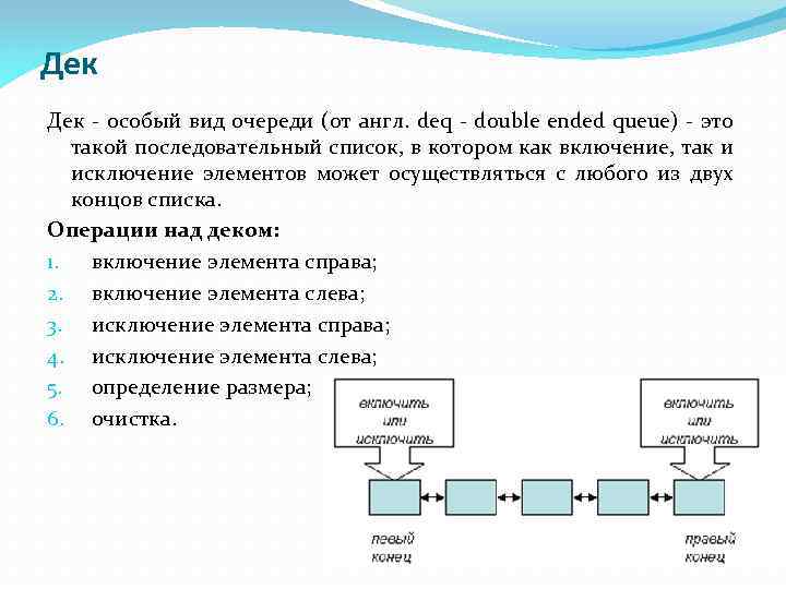 Дек - особый вид очереди (от англ. deq - double ended queue) - это