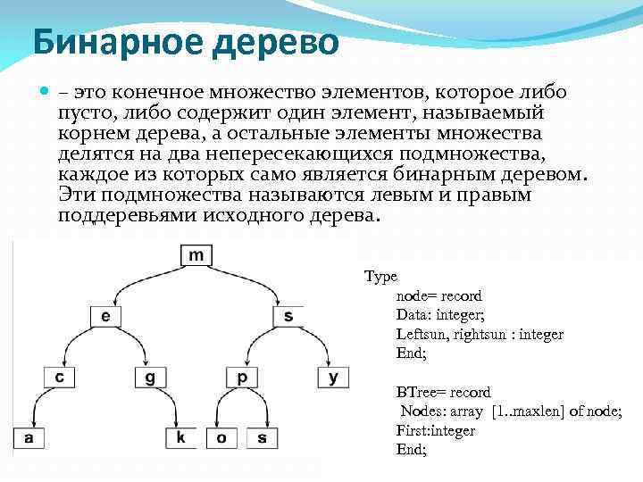 Бинарное дерево – это конечное множество элементов, которое либо пусто, либо содержит один элемент,