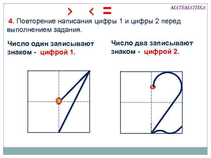 МАТЕМАТИКА 4. Повторение написания цифры 1 и цифры 2 перед выполнением задания. Число один