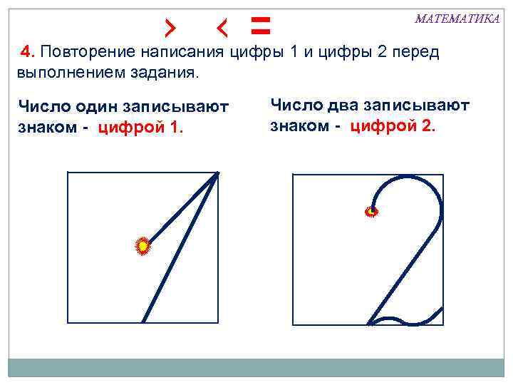 МАТЕМАТИКА 4. Повторение написания цифры 1 и цифры 2 перед выполнением задания. Число один