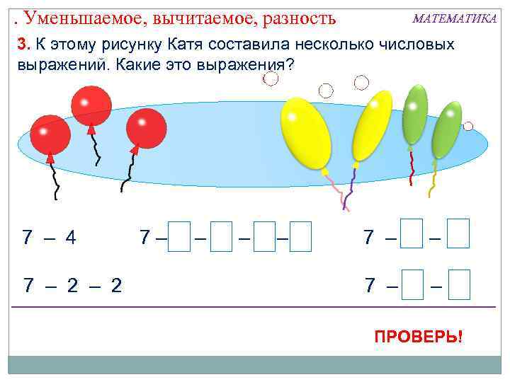 . Уменьшаемое, вычитаемое, разность МАТЕМАТИКА 3. К этому рисунку Катя составила несколько числовых выражений.