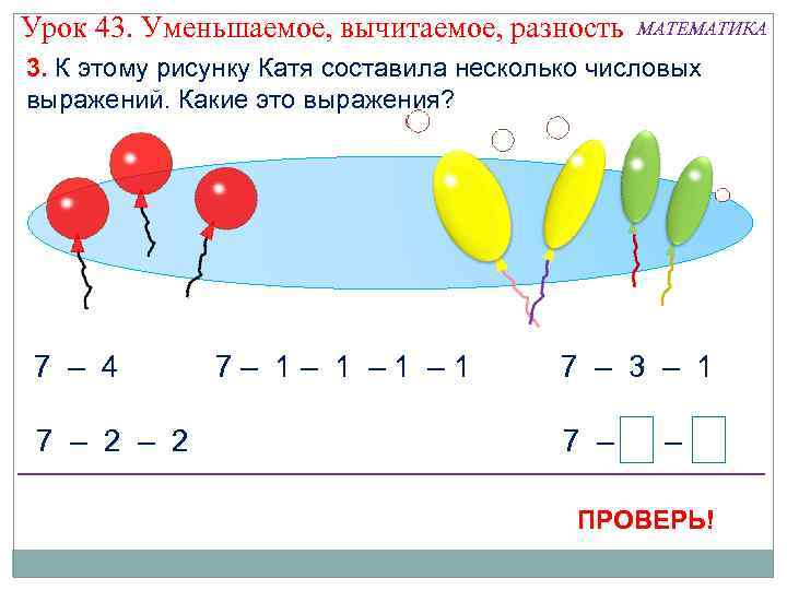 Урок 43. Уменьшаемое, вычитаемое, разность МАТЕМАТИКА 3. К этому рисунку Катя составила несколько числовых