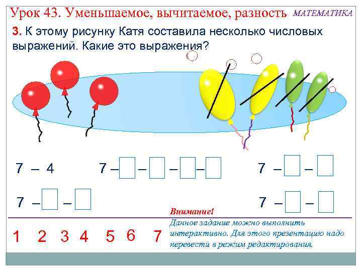 Урок 43. Уменьшаемое, вычитаемое, разность МАТЕМАТИКА 3. К этому рисунку Катя составила несколько числовых